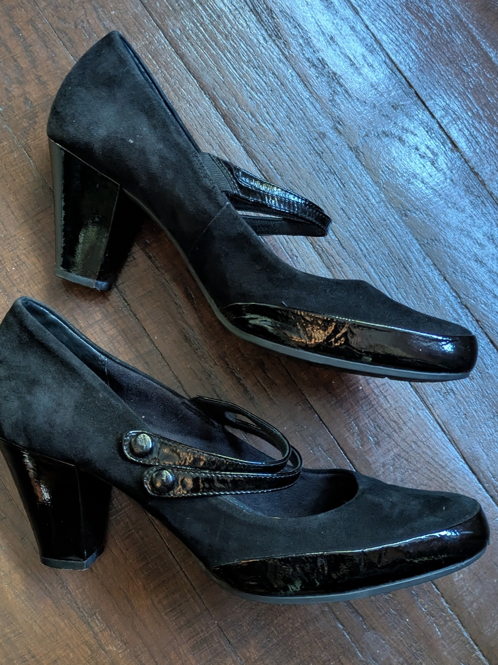 Clarks Black Suede & Patent Mary Jane Heels